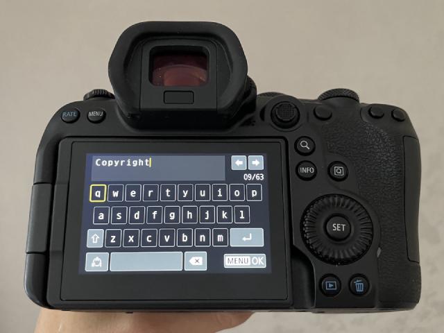 Photo of a Canon EOS R6 camera with a settings menu opened on the display.